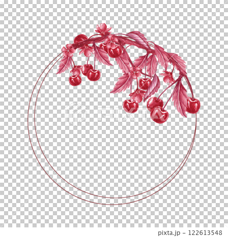 Circle frame with cherry branch. Watercolor berries. Monochrome style. Hand drawn isolated illustration twigs with cherry bloom. Red shades. For packaging dumplings, juice, tincture, liqueur, compote 122613548