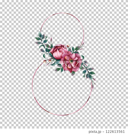 Number 8 frame with watercolor flowers. Hand drawn illustration isolated from the background for greeting card for March 8, Happy womens day or Childrens Birthday. Pink peonies and around the circle 122613561
