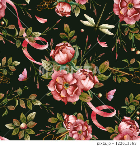 Floral seamless pattern with composition of peonies and leaves connected with ribbon. Dragonfly, butterfly and vintage key on the dark background. Watercolor illustration for scrapbook and stationery Floral seamless pattern with composition of peonies and leaves connected with ribbon. Dragonfly, butterfly and vintage key on the dark background. Watercolor illustration for scrapbook and stationery 122613565