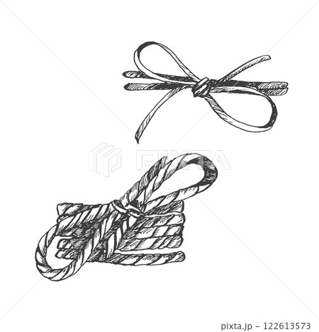 Rope tied in a bow. Graphic illustration. Vector set of two nodes. Hand drawn cordage, knot, cord. Used for composition with flowers, bunch of greenery, packaging product and gift 122613573