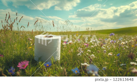 a roll of toilet paper placed in a picturesque meadow filled with wildflowers under a bright blue sky 122613648