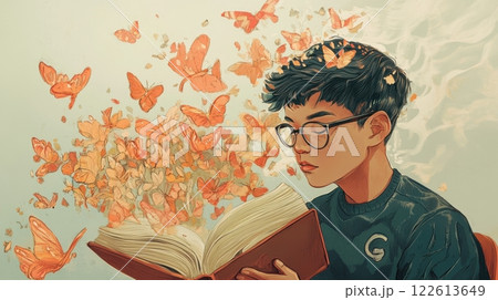 a young boy immersed in reading, with vibrant orange butterflies emerging from the open book 122613649
