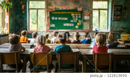 warm classroom scene where young children sit attentively at wooden desks 122613650