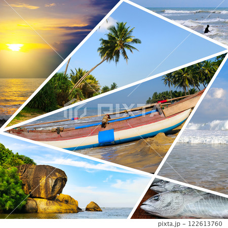 Sea, bright sunset and boat. Concept - vacation and travel. Collage. Sea, bright sunset and boat. Concept - vacation and travel. Collage. 122613760
