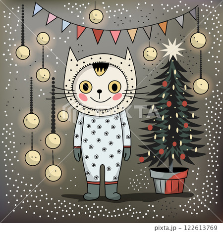 a cat in pajamas near a Christmas tree against a background of flags and lanterns. postcard vector illustration a cat in pajamas near a Christmas tree against a background of flags and lanterns. postcard vector illustration 122613769
