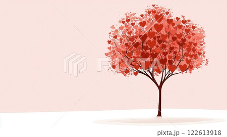 Abstract Tree with Heart Shaped Red Leaves on White Ground Light Pink Background Vector Design, Valentine's day 122613918