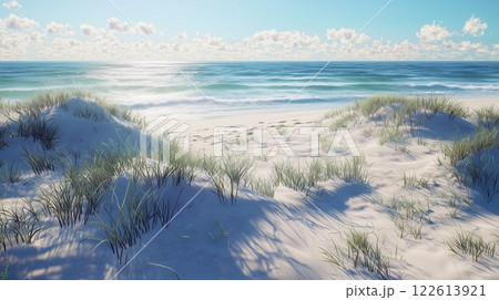 Serene Coastal Landscape Soft Sand Dunes Beach Grass Glistening Ocean Waves and Endless Horizon 122613921