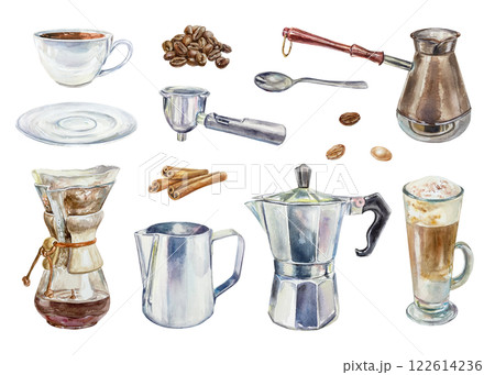 Coffee set. Coffee maker with paper filter, cup, saucer, Turk, beans, geyser coffee maker, milk jug, horn, milk, glass with latte, cinnamon sticks. Watercolor illustration. For labels, menus, banners. 122614236
