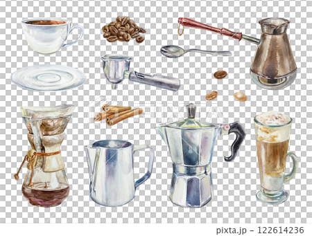 Coffee set. Coffee maker with paper filter, cup, saucer, Turk, beans, geyser coffee maker, milk jug, horn, milk, glass with latte, cinnamon sticks. Watercolor illustration. For labels, menus, banners. Coffee set. Coffee maker with paper filter, cup, saucer, Turk, beans, geyser coffee maker, milk jug, horn, milk, glass with latte, cinnamon sticks. Watercolor illustration. For labels, menus, banners. 122614236