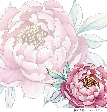 Lush pink peonies with intricate petals enhance the freshness of spring, creating a serene atmosphere filled with beauty and elegance template, background 122614420