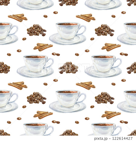 Cup of aromatic coffee, roasted brown beans, cinnamon sticks. Seamless pattern. Hand drawn watercolor illustration isolated on white. For wrapping paper, covers, textile, fabric, wallpaper. 122614427