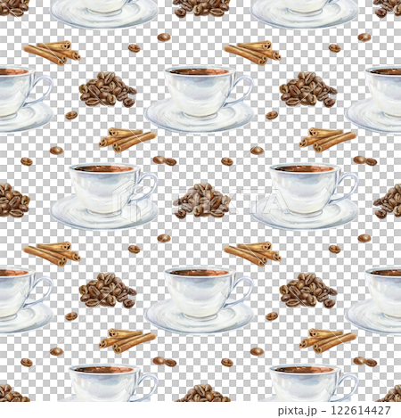 Cup of aromatic coffee, roasted brown beans, cinnamon sticks. Seamless pattern. Hand drawn watercolor illustration isolated on white. For wrapping paper, covers, textile, fabric, wallpaper. 122614427