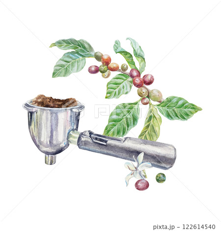 Coffee horn, portafilter, coffee tree branch with green leaves and berries. Hand drawn watercolor illustration isolated on white. For labels, cards, invitations, packaging, banners, menu. 122614540