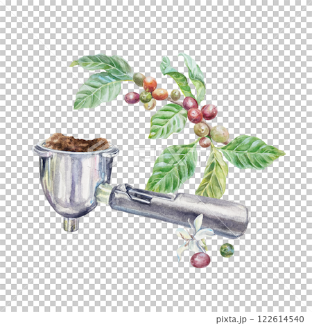 Coffee horn, portafilter, coffee tree branch with green leaves and berries. Hand drawn watercolor illustration isolated on white. For labels, cards, invitations, packaging, banners, menu. 122614540