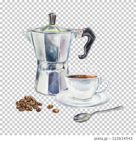 Cup of aromatic coffee, geyser coffee maker, beans, spoon. Hand drawn watercolor illustration isolated on white. For labels, menus, banners, postcards, posters. Cup of aromatic coffee, geyser coffee maker, beans, spoon. Hand drawn watercolor illustration isolated on white. For labels, menus, banners, postcards, posters. 122614543