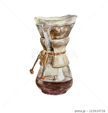 Pour over coffee maker with paper filter, glass funnel, vessel. Hand drawn watercolor illustration isolated on white. For labels, menus, banners, cards, posters. 122614716