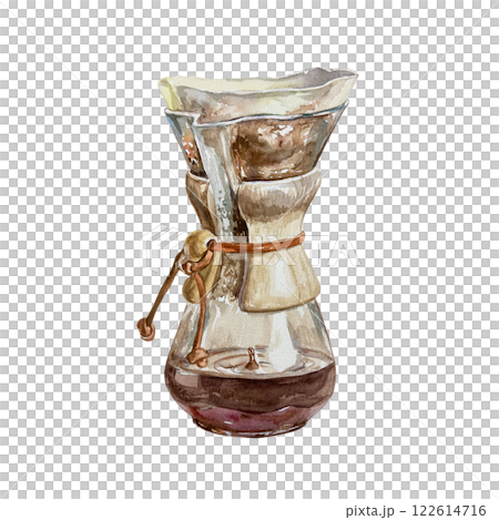 Pour over coffee maker with paper filter, glass funnel, vessel. Hand drawn watercolor illustration isolated on white. For labels, menus, banners, cards, posters. 122614716