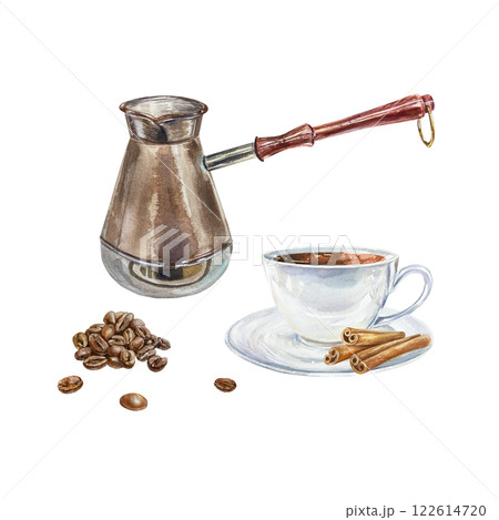 Cup of aromatic coffee, Turk, grains, cinnamon sticks. Hand drawn watercolor illustration isolated on white. For labels, menus, banners, postcards, posters. Cup of aromatic coffee, Turk, grains, cinnamon sticks. Hand drawn watercolor illustration isolated on white. For labels, menus, banners, postcards, posters. 122614720
