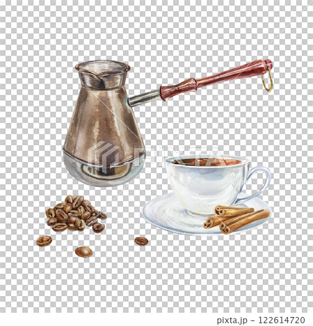 Cup of aromatic coffee, Turk, grains, cinnamon sticks. Hand drawn watercolor illustration isolated on white. For labels, menus, banners, postcards, posters. 122614720