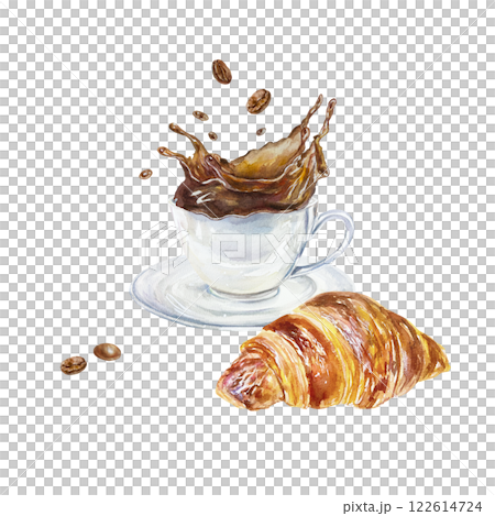Cup with splashing coffee outside, roasted beans, fresh croissant. Hand drawn watercolor illustration isolated on white. For labels, menus, banners, postcards, cafe posters. Cup with splashing coffee outside, roasted beans, fresh croissant. Hand drawn watercolor illustration isolated on white. For labels, menus, banners, postcards, cafe posters. 122614724