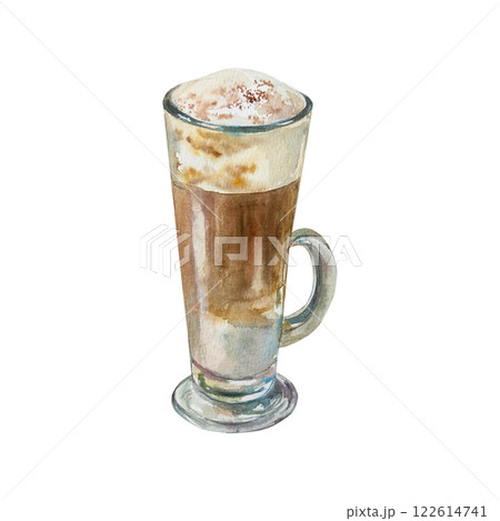 Latte coffee in a tall glass with handle. Hand drawn watercolor illustration isolated on white. For labels, menus, banners, postcards, cafe posters. 122614741