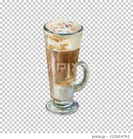 Latte coffee in a tall glass with handle. Hand drawn watercolor illustration isolated on white. For labels, menus, banners, postcards, cafe posters. 122614741