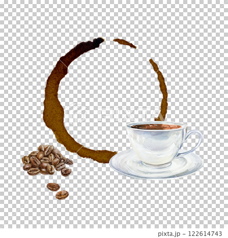 Round coffee frame in the form of a mug stain, a cup of coffee and roasted beans. Hand drawn watercolor illustration isolated. For labels, cards, invitations, packaging, banners, posters. 122614743