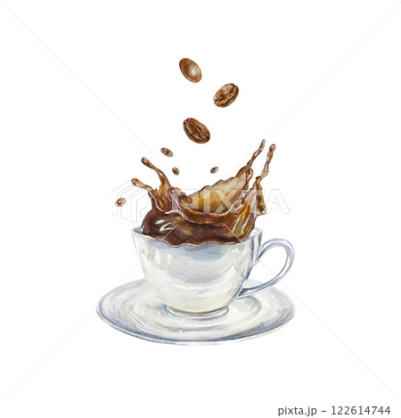 Cup with coffee spilling outside, roasted beans. Hand drawn watercolor illustration isolated on white. For labels, menu, banners, postcards, cafe posters. Cup with coffee spilling outside, roasted beans. Hand drawn watercolor illustration isolated on white. For labels, menu, banners, postcards, cafe posters. 122614744