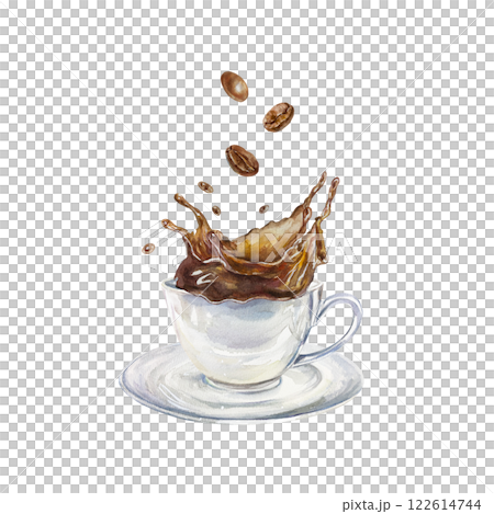 Cup with coffee spilling outside, roasted beans. Hand drawn watercolor illustration isolated on white. For labels, menu, banners, postcards, cafe posters. 122614744