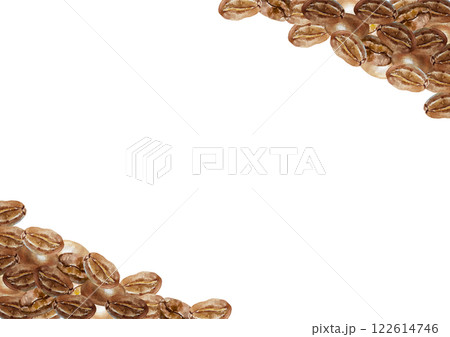 Coffee frame made of brown roasted beans, corner. Hand drawn watercolor illustration isolated on white. For labels, cards, invitations, packaging, banners, posters. 122614746