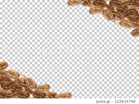 Coffee frame made of brown roasted beans, corner. Hand drawn watercolor illustration isolated on white. For labels, cards, invitations, packaging, banners, posters. 122614746