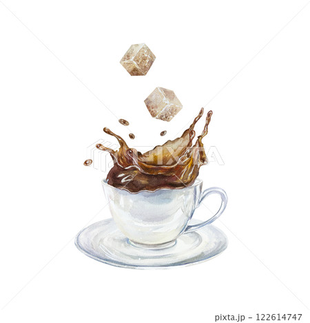 Cup with splashing coffee outside, saucer, cane sugar cubes. Brown flying liquid. Hand drawn watercolor illustration isolated on white. For labels, menus, banners, postcards, posters. 122614747