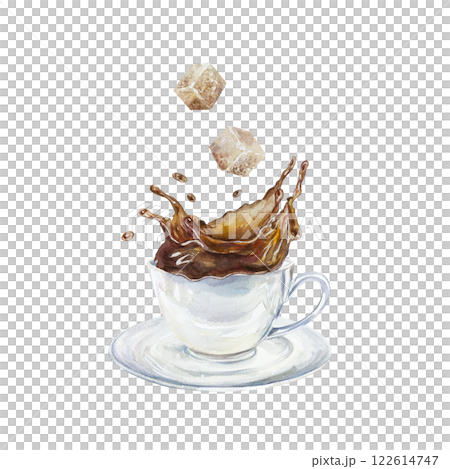 Cup with splashing coffee outside, saucer, cane sugar cubes. Brown flying liquid. Hand drawn watercolor illustration isolated on white. For labels, menus, banners, postcards, posters. Cup with splashing coffee outside, saucer, cane sugar cubes. Brown flying liquid. Hand drawn watercolor illustration isolated on white. For labels, menus, banners, postcards, posters. 122614747