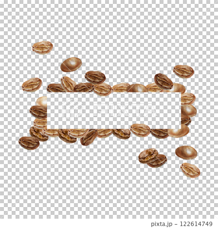 Horizontal frame of coffee beans, brown and roasted. Hand drawn watercolor illustration isolated on white. For labels, cards, invitations, packaging, banners, posters. Horizontal frame of coffee beans, brown and roasted. Hand drawn watercolor illustration isolated on white. For labels, cards, invitations, packaging, banners, posters. 122614749