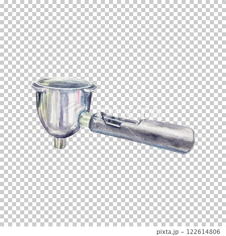 Coffee horn metal for coffee maker with handle, portafilter. Hand drawn watercolor illustration isolated on white. For labels, cards, invitations, packaging, banners, menu. Coffee horn metal for coffee maker with handle, portafilter. Hand drawn watercolor illustration isolated on white. For labels, cards, invitations, packaging, banners, menu. 122614806