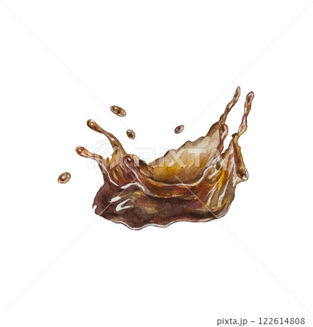 Coffee splash, brown flying drink, spill, splash, liquid, beverage, chocolate. Hand drawn watercolor illustration isolated on white. For labels, menu, banners, postcards. Coffee splash, brown flying drink, spill, splash, liquid, beverage, chocolate. Hand drawn watercolor illustration isolated on white. For labels, menu, banners, postcards. 122614808