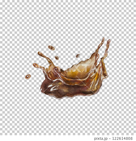 Coffee splash, brown flying drink, spill, splash, liquid, beverage, chocolate. Hand drawn watercolor illustration isolated on white. For labels, menu, banners, postcards. Coffee splash, brown flying drink, spill, splash, liquid, beverage, chocolate. Hand drawn watercolor illustration isolated on white. For labels, menu, banners, postcards. 122614808