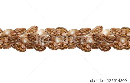 Coffee beans, brown and roasted. Seamless horizontal border. Hand drawn watercolor illustration isolated on white. For wrapping paper, wallpaper, cafe menu. 122614809