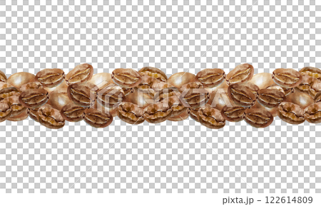 Coffee beans, brown and roasted. Seamless horizontal border. Hand drawn watercolor illustration isolated on white. For wrapping paper, wallpaper, cafe menu. 122614809