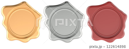 Stamp Wax Seals. Red, golden and silver color, front view. 3D rendering Stamp Wax Seals. Red, golden and silver color, front view. 3D rendering 122614898