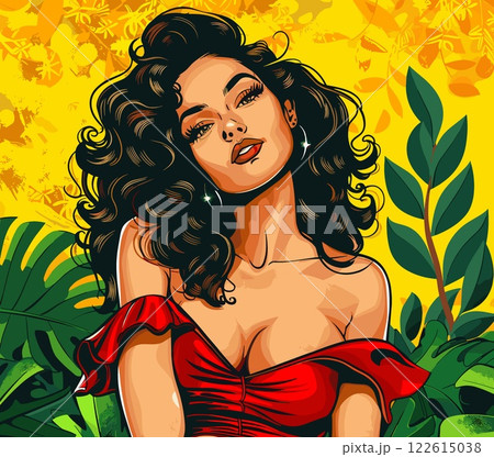 A woman in a red dress is sitting in a lush green field 122615038