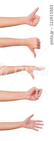 Diverse Hand Gestures Representing Various Emotions and Reactions Isolated on White Background Diverse Hand Gestures Representing Various Emotions and Reactions Isolated on White Background 122615083