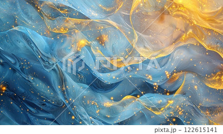 Vibrant swirls of blue and gold create a captivating abstract background with ethereal textures and shimmering highlights 122615141