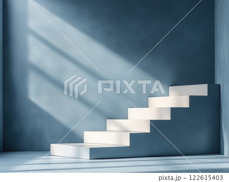 Modern luxury white gradient staircase in a minimalistic studio with soft natural light 122615403