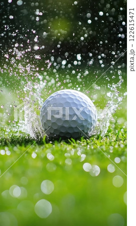 Golf ball splashes through water during tournament play on a sunny day Golf ball splashes through water during tournament play on a sunny day 122615471