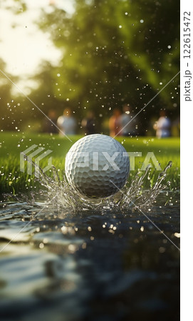 Golf ball splashes into the water during a lively tournament with surprised spectators Golf ball splashes into the water during a lively tournament with surprised spectators 122615472
