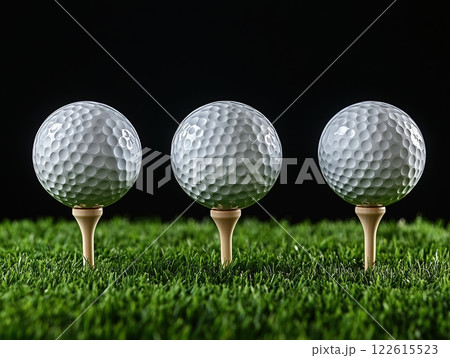Three golf balls on tees set in green grass against a contrasting black background Three golf balls on tees set in green grass against a contrasting black background 122615523