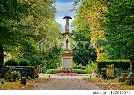 Eagle column and central square of the historic Melaten cemetery in Cologne in early fall 122615575