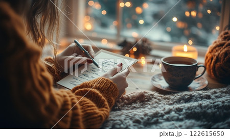A young Caucasian woman in an orange sweater writes a heartfelt holiday greeting card by a window, enjoying a warm drink. Perfect for National Greeting Card Day 122615650