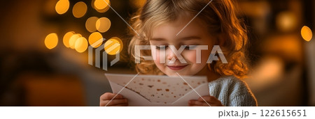 A cute Caucasian girl, around 3 4 years old, smiles while reading a greeting card. Perfect for National Greeting Card Day! 122615651